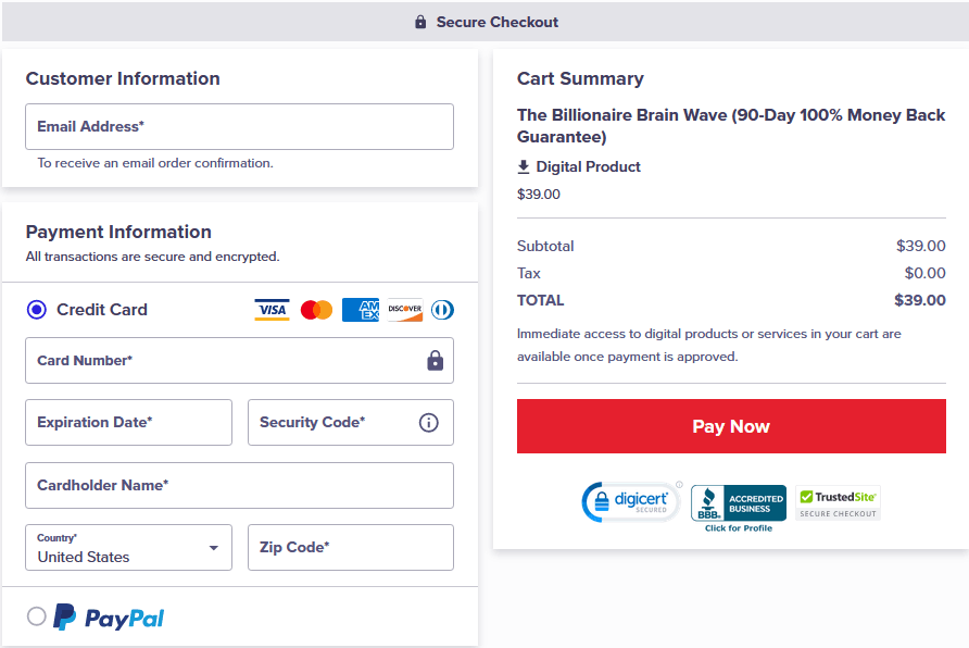 Billionaire Brain Wave Checkout Page